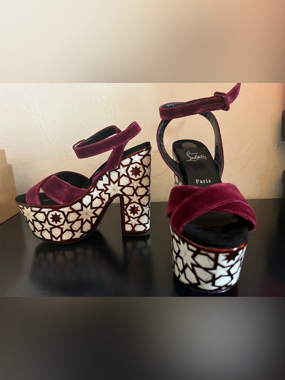 Christian Louboutin Superyaz Burgundy Velvet Platform Sandals with Mosaic-Inlay - Picture 2 of 13